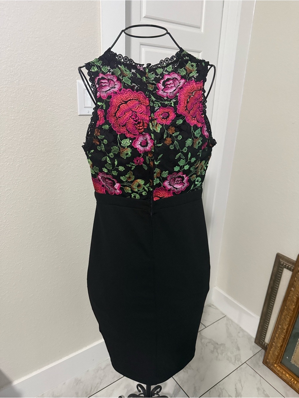 B. Smart Black Maxi Dress with Pink and Green Floral Lace